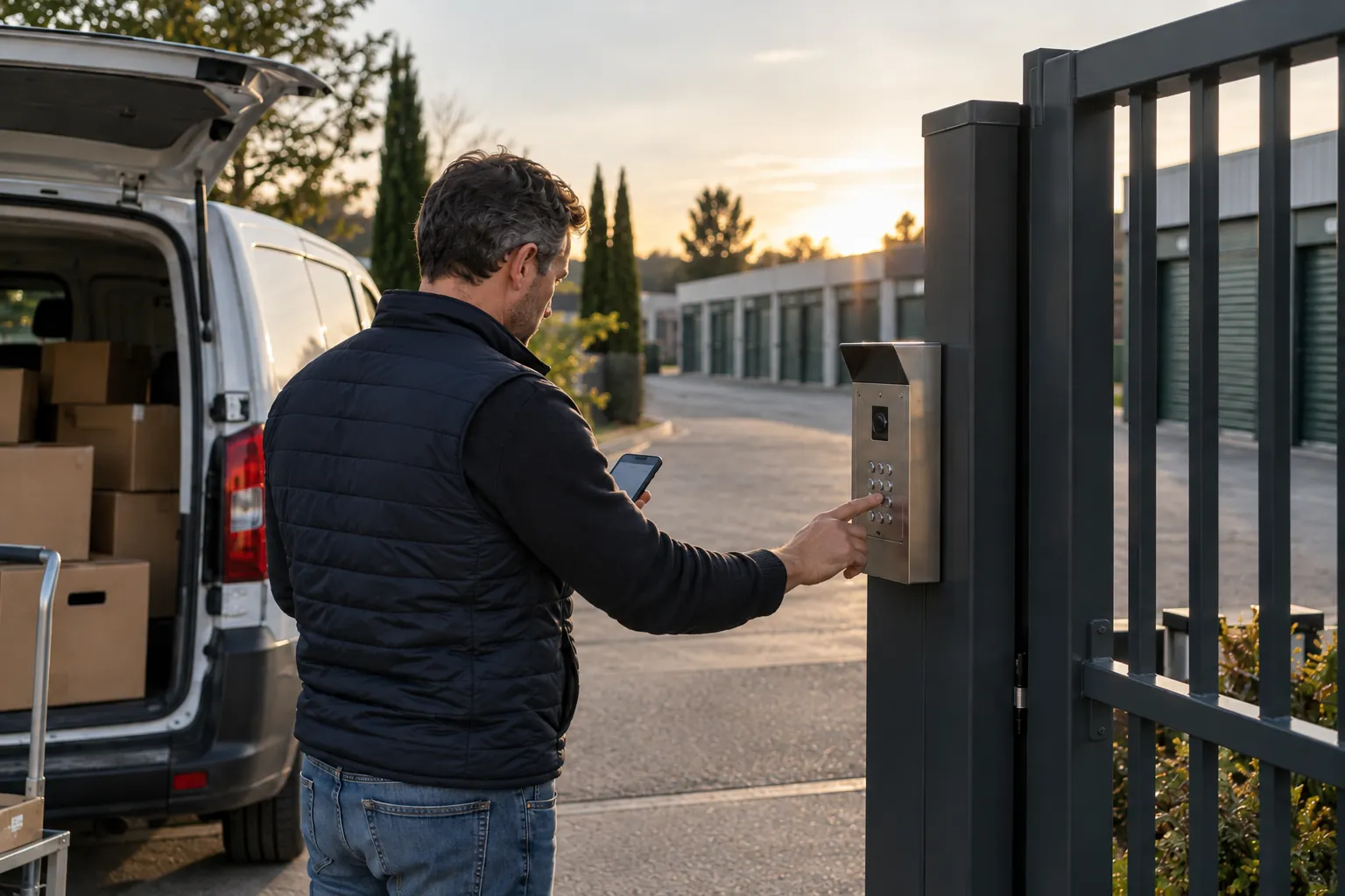 Locataire saisissant son code sur le clavier du portail, utilitaire garé derrière lui