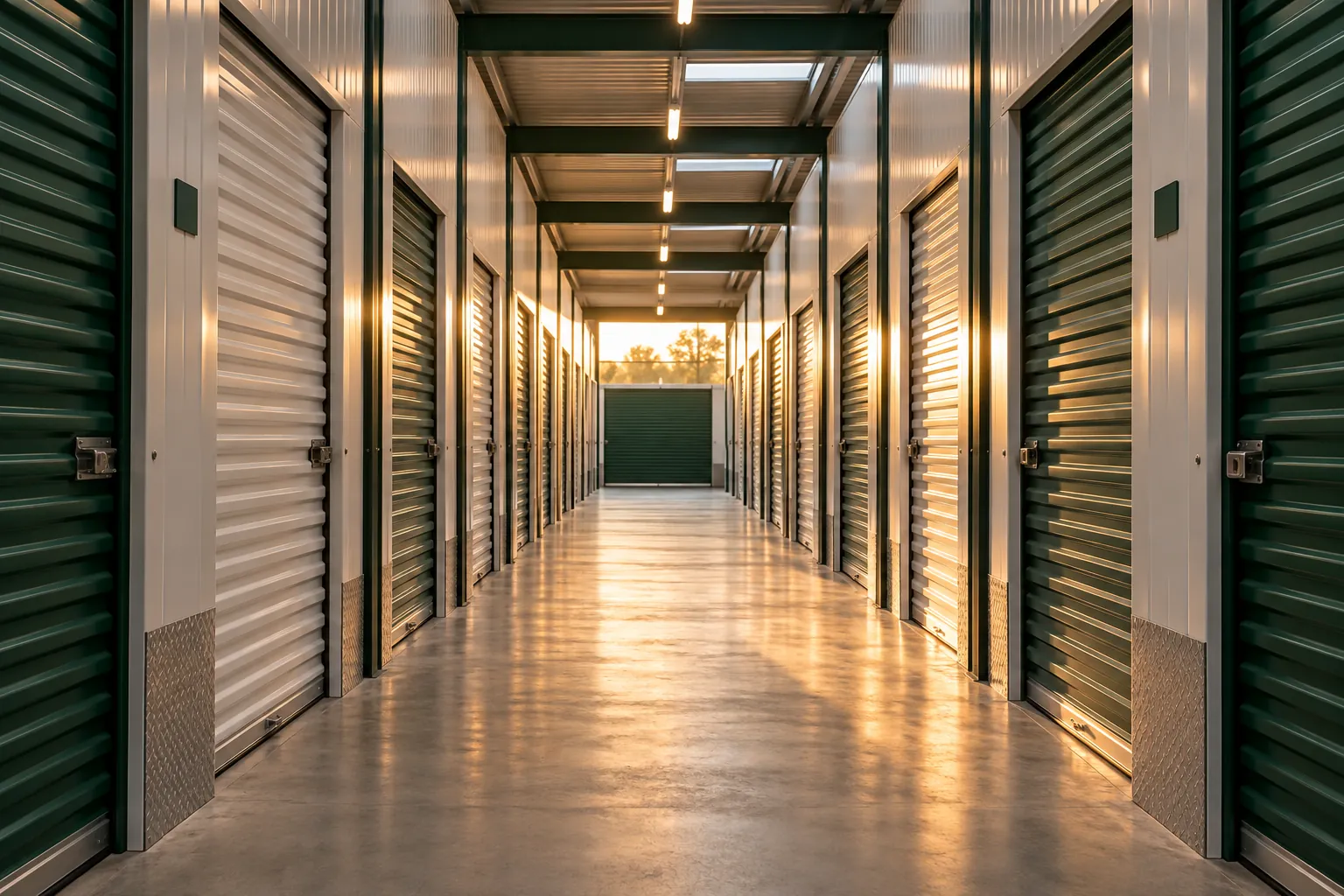 Allée intérieure éclairée d’un centre de stockage, avec ses portes de box vertes prêtes à la location