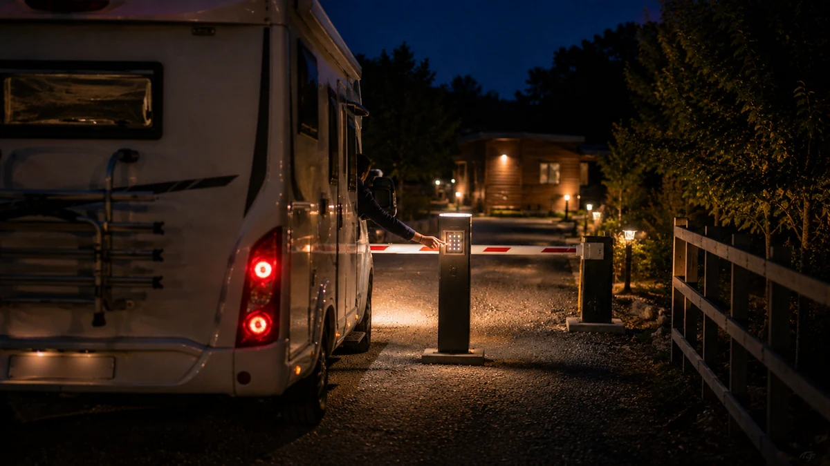 Camping-car arrivant de nuit, code d'accès à l'entrée de l'aire
