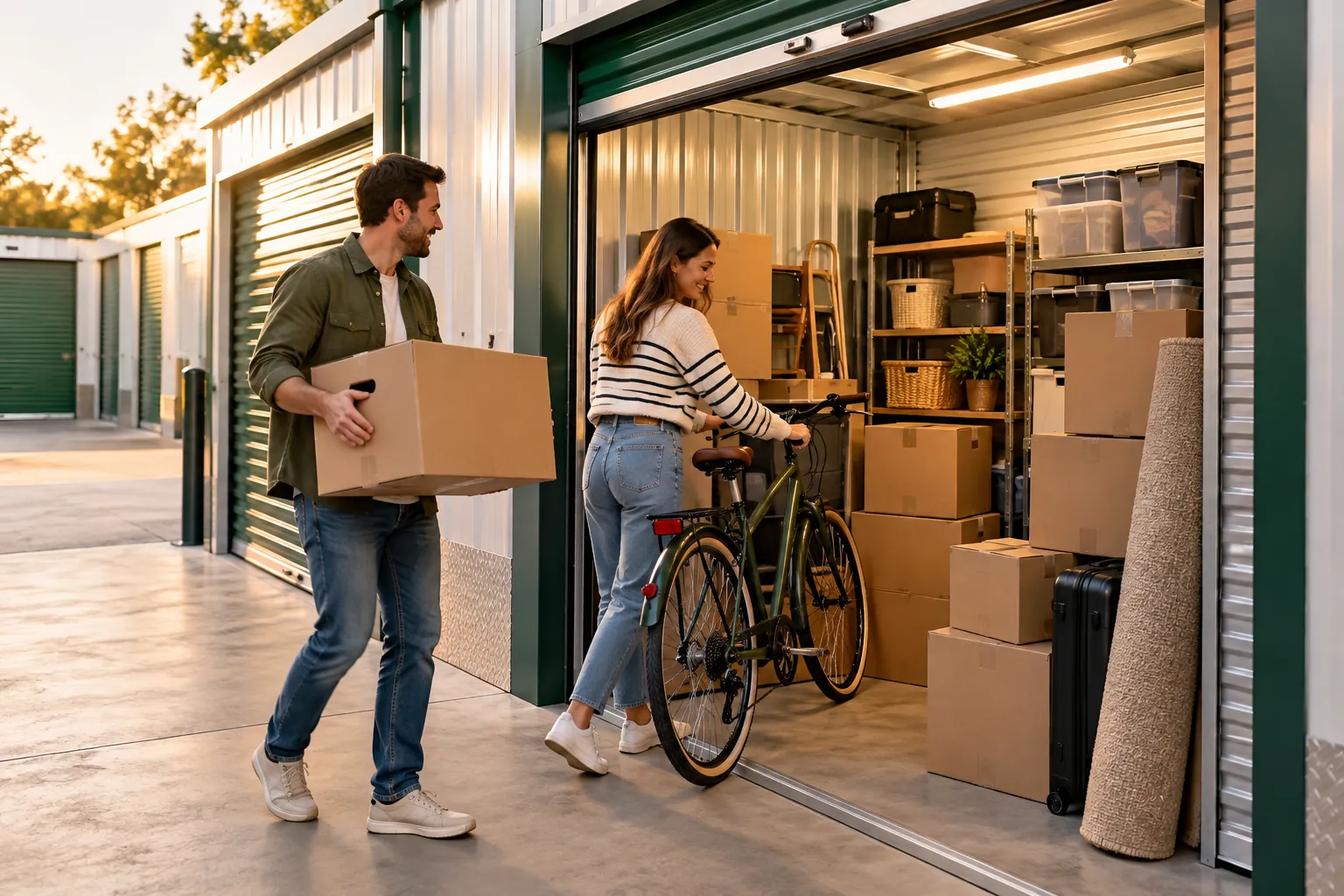 Couple qui range des cartons et un vélo dans un box de stockage ouvert