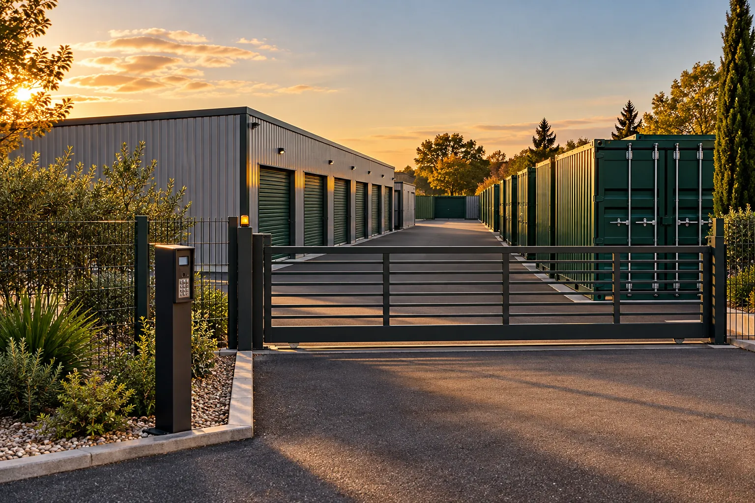 Entrée d’un centre de self-stockage ouverte par le code du locataire