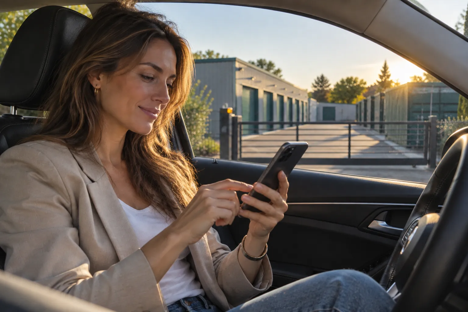 Cliente au volant qui ouvre le portail d’un centre de box avec son téléphone