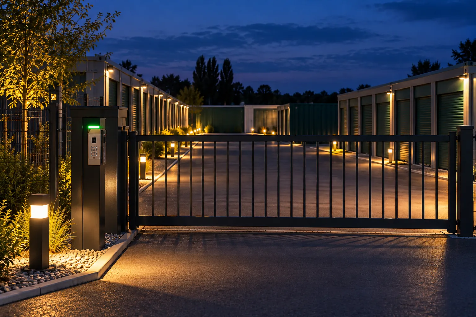 Portail d’un centre de box éclairé la nuit, allées illuminées derrière la grille