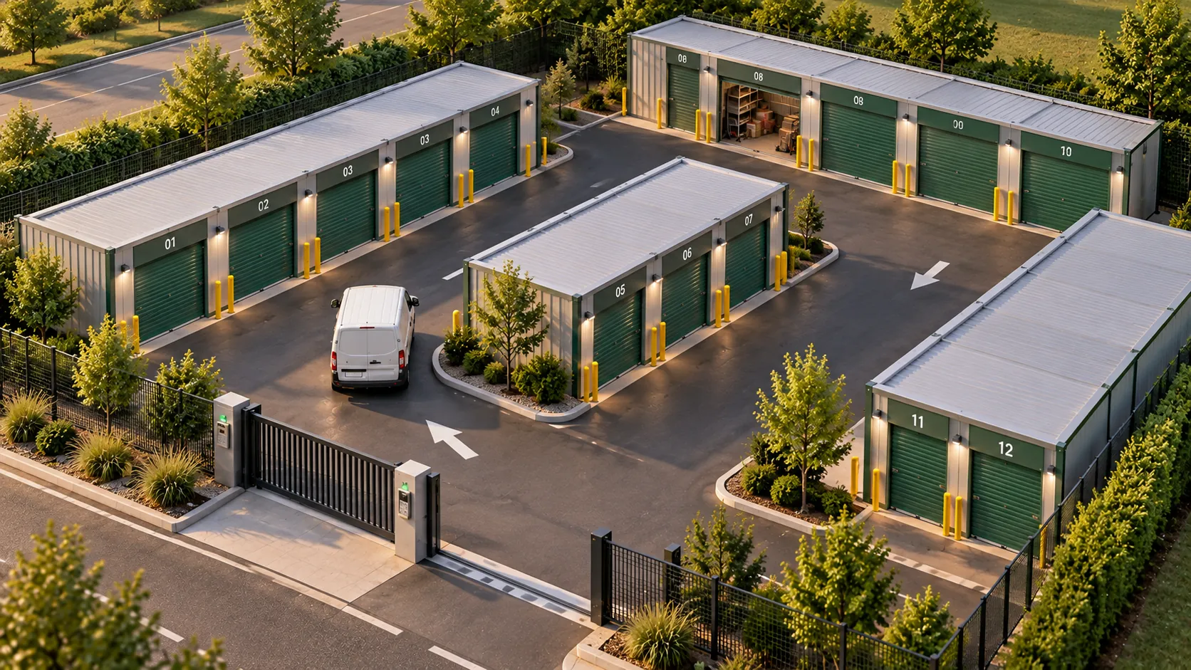 Vue aérienne d’un centre de box de stockage avec ses bâtiments, ses allées et son portail d’entrée